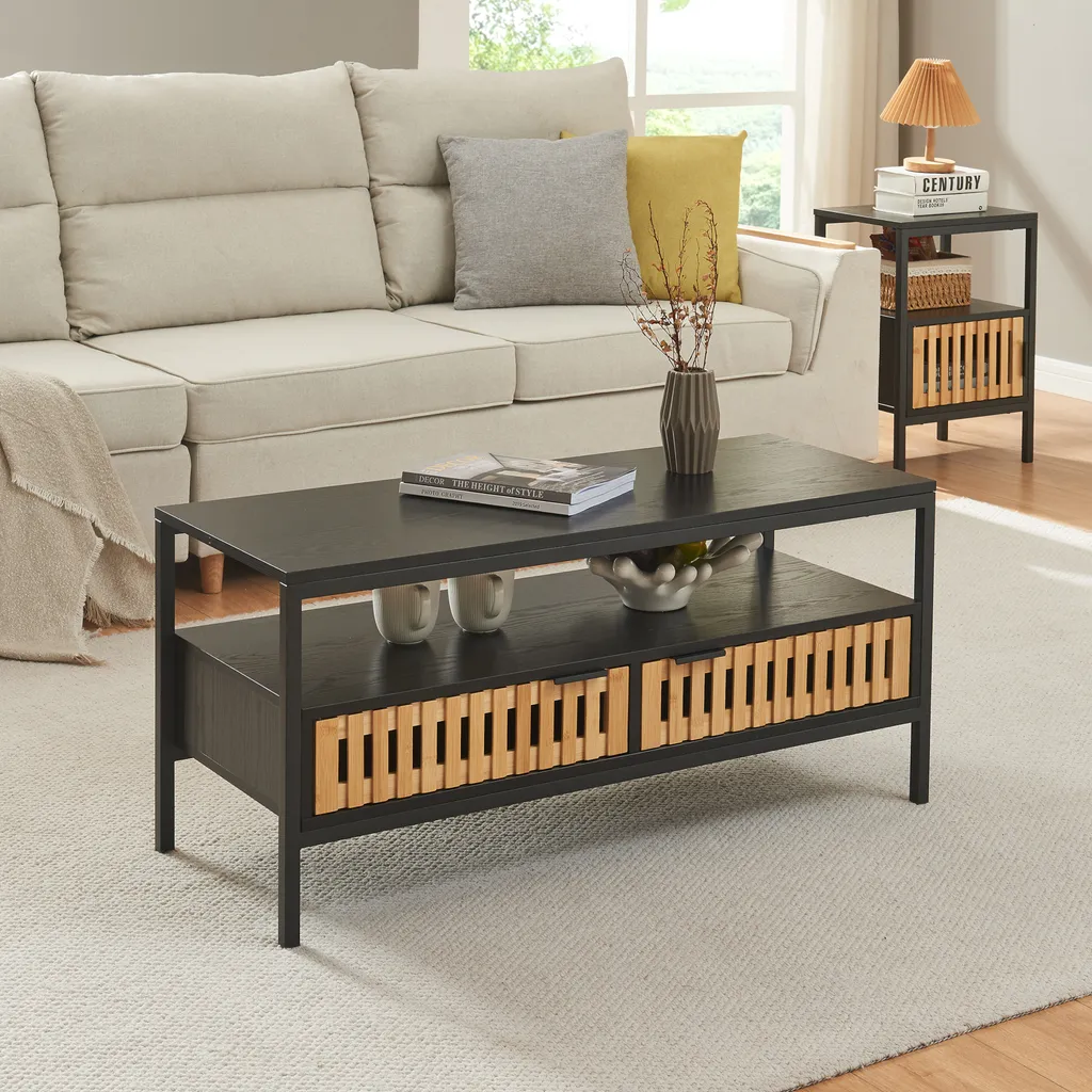 Tavolino Luniehti 100x40x48 cm in Metallo e Legno Naturale - Offerta