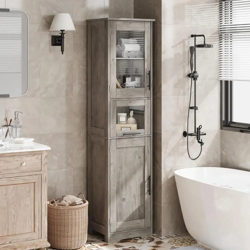 Armoire de rangement grise avec tablettes modulables - Structure en bois