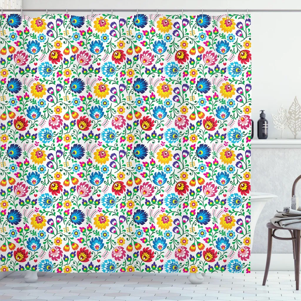 ABAKUHAUS Tenda da doccia con motivi floreali, motivo polacco colorato con foglie stagionali - arte tradizionale europea - cultura slava, 175 x 240 cm, multicolore