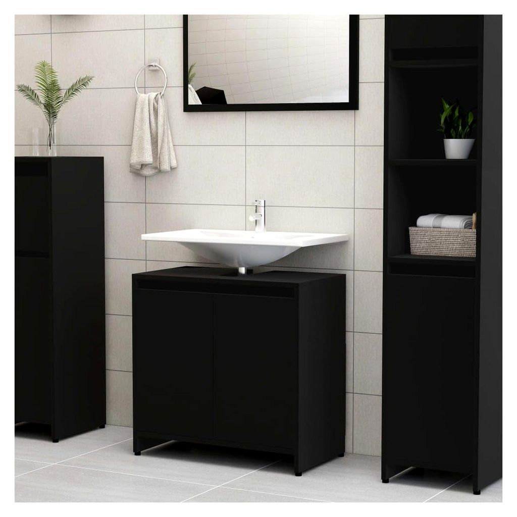 Moderner Waschbeckenunterschrank mit 2 Türen, freistehend, für Waschbecken ohne Podest, 60 x 33 x 61 cm, Schwarz