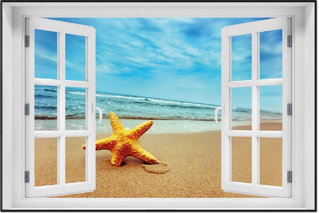Wallario Wandbild mit Fenster-Illusion: Seestern am Strand am Meer, Größe: 61 x 91,5 cm, Poster mit schwarzem Aluminiumrahmen