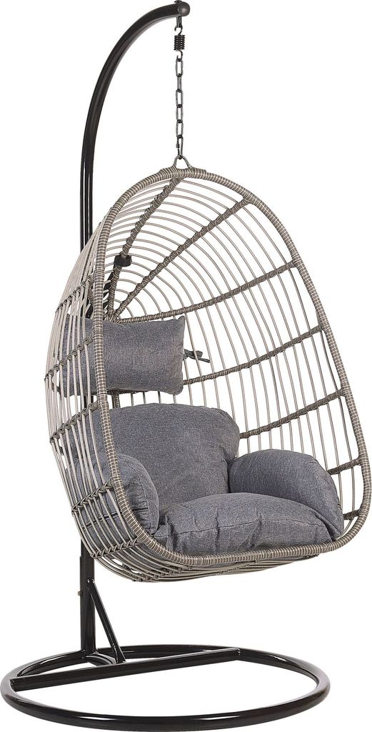 BELIANI Hängesessel Grau Rattan mit schwarzem Stahl-Gestell inkl. Kissen Outdoor Indoor Boho Stil