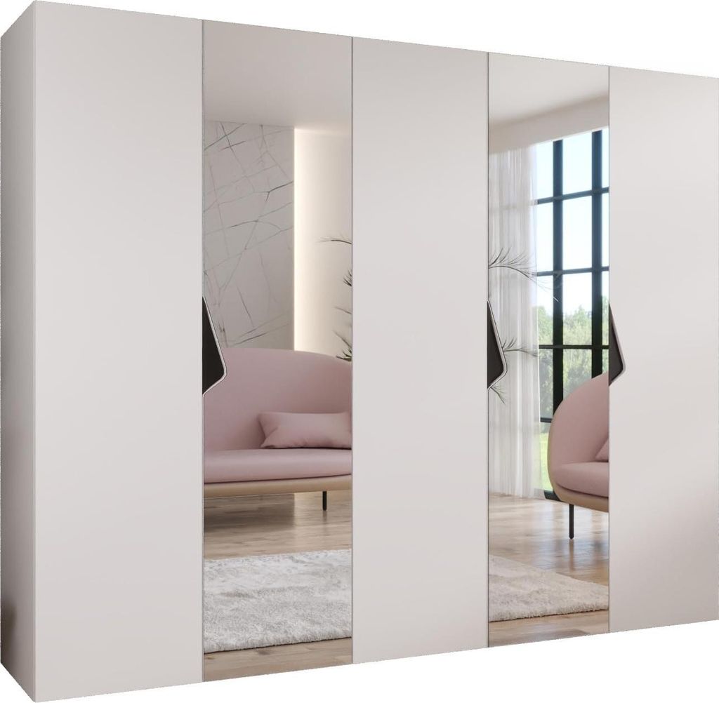 MEBLE KRYSPOL Schrank 250x202x52 cm mit Kleiderstange & Spiegel, 5xTür, SANDI, Weiß, Griff Schwarz
