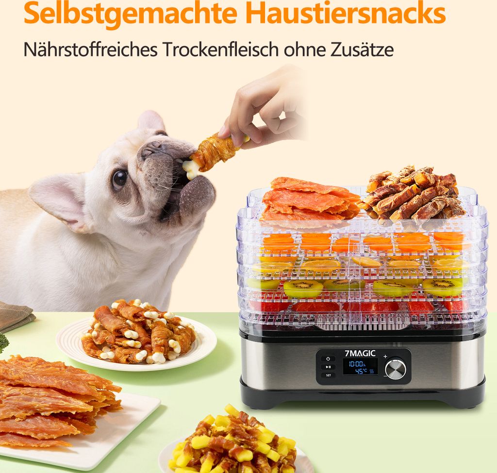 AIRFISH Dörrautomat Edelstahl 9-Schicht - 10 Programme, 48h Timer, 35-75°C, LED-Display Für Obst, Gemüse & Fleisch