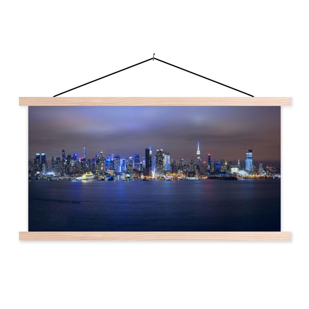 MuchoWow Textilposter New York - Skyline - Nacht 120x60 cm mit holzfarbenen Rahmen - Klemmleiste
