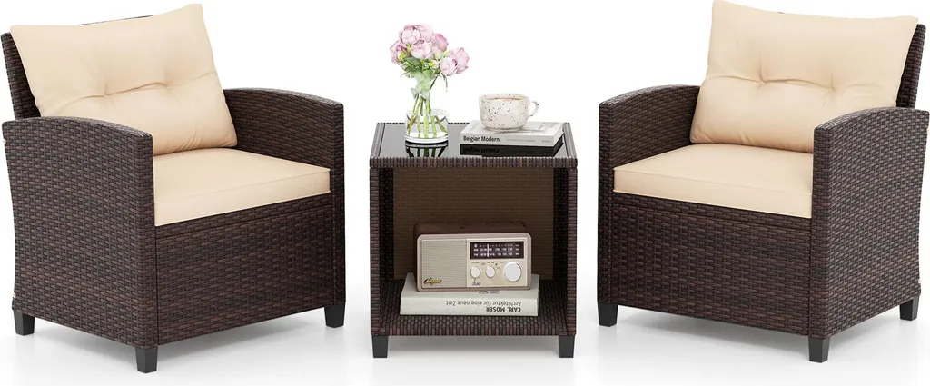 Meuble de Balcon en Rotin Résistant avec Table et Fauteuils Ergonomiques