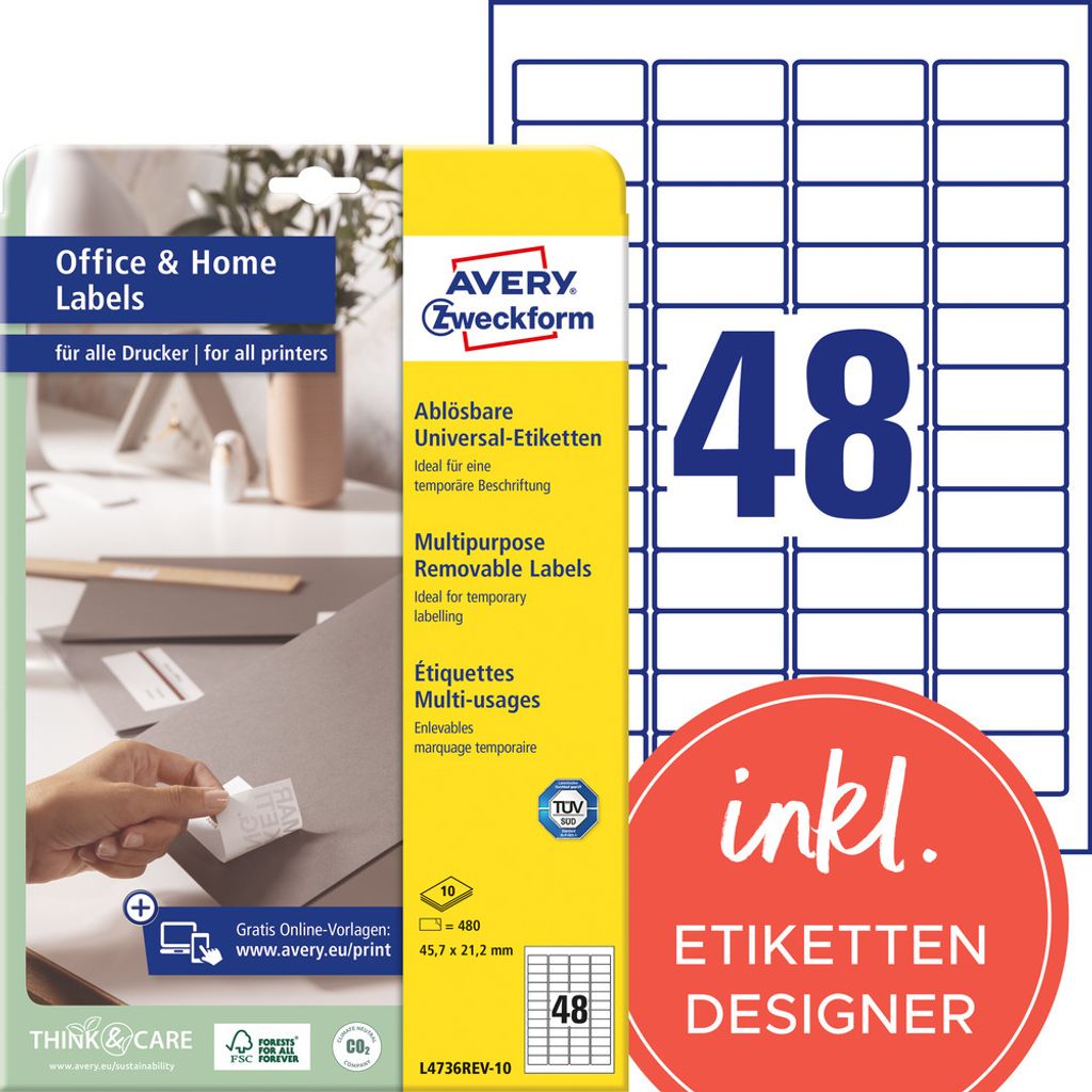 Avery Zweckform L4736REV-10 Etiketten, ablösbar, Home Office, Kleinpackung, A4 45,7 x 21,2 mm, weiß