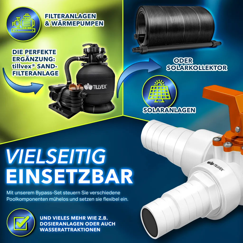 tillvex® Set bypass piscina 12 pezzi - attacco Ø32 e 38 mm | valvola a 3 vie e adattatore ABS | 6x fascette stringitubo & 8m nastro isolante - ideale per sistemi di filtraggio a sabbia, pompe di calore e riscaldamento piscina (arancione) - 6