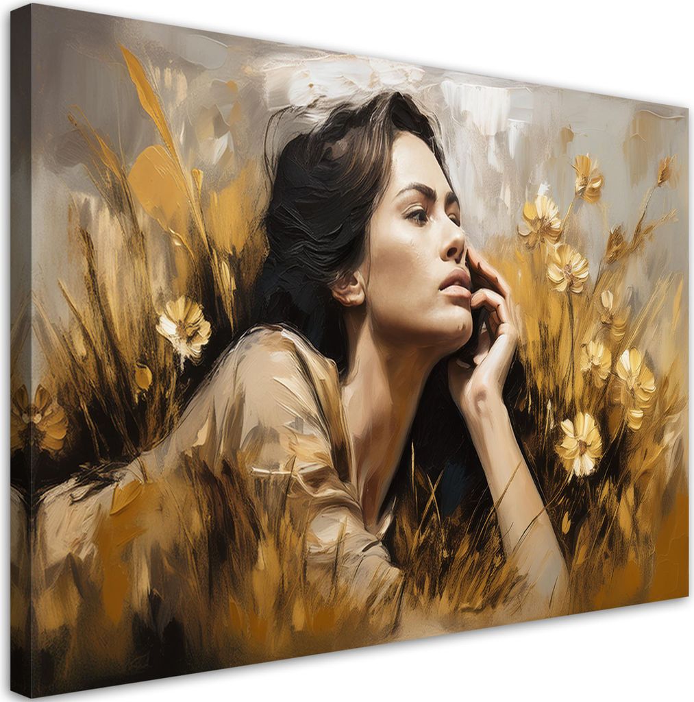 Leinwandbild Frau auf einer Wiese liegend Blumen Gold 60x40 Feeby Gold bild für die wand bereit zum aufhängen