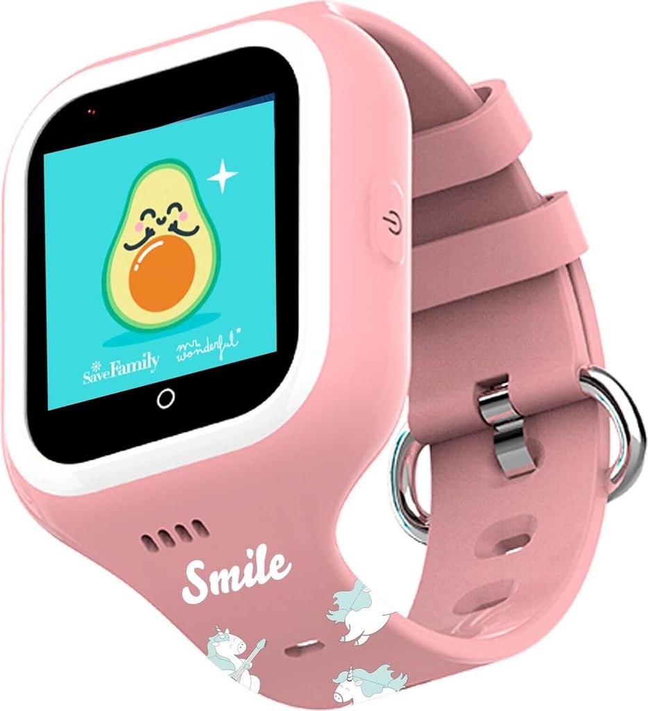 Kinder-Smartwatch mit GPS, Video- und Sprachanrufen, SOS-Taste, Schulmodus, IP67 wasserdicht, animierten Hintergründen und Sicherheitszonen.