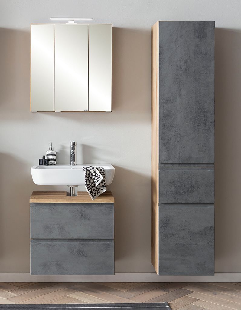 Badezimmer Set mit Aufsatzleuchte, stehend oder hängend, Wotan Eiche Nb. mit Beton Optik, VASTO-03-CONCRETE, B/H/T ca. 115/200/35 cm