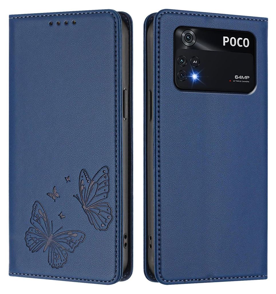 Lederhülle für Xiaomi Poco M4 Pro 4G, Schmetterling Prägung Leder Brieftasche Schutzhülle mit Ständer Dunkelblau