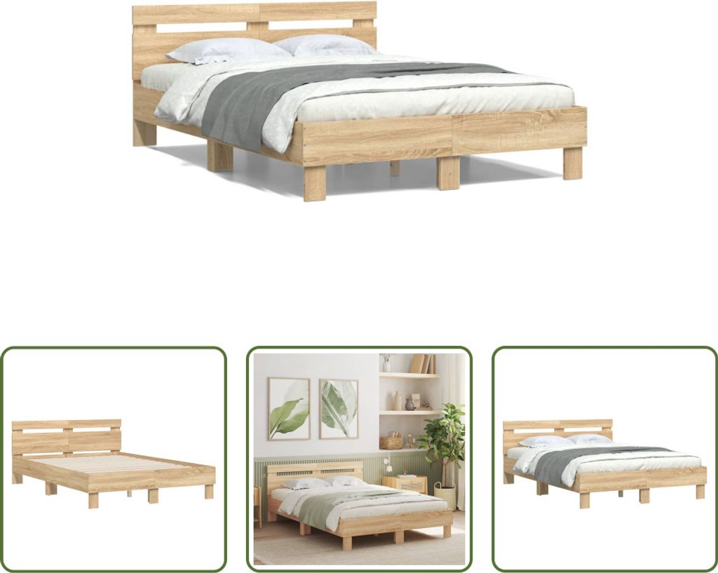 The Living Store Bettgestell mit Kopfteil Sonoma-Eiche 135x190 cm Holzwerkstoff