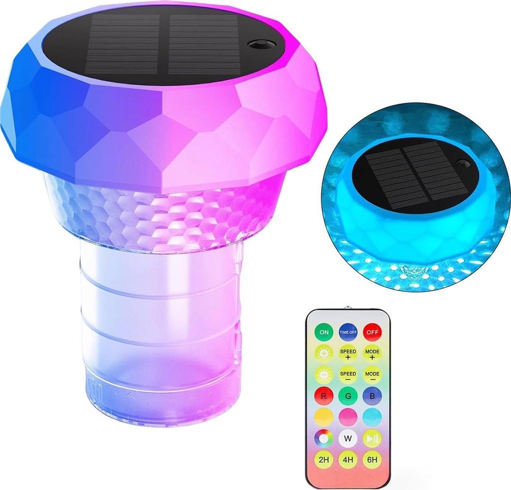 Pool-Dosierschwimmer mit Solar-LED 7 Farben, bis zu 4 Chlortabletten, Chlorspender mit Fernbedienung, einstellbar und faltbar