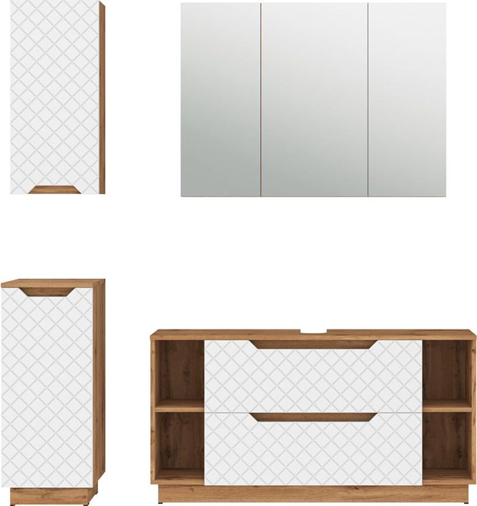 Vicco Badmöbel-Set Lotta, 4 Teile, Eiche/Weiß mit Kachelstruktur