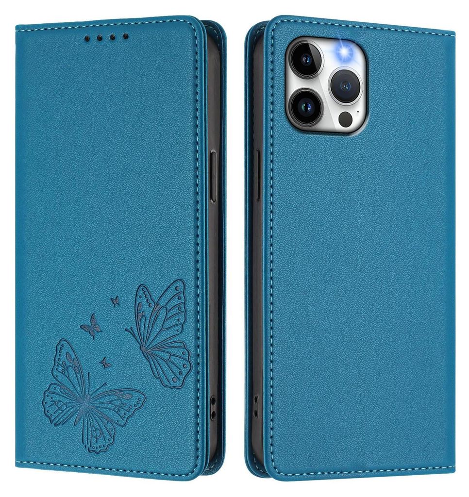 Lederhülle für iPhone 12 Pro Max, Schmetterling Prägung Leder Brieftasche Schutzhülle mit Ständer Blau