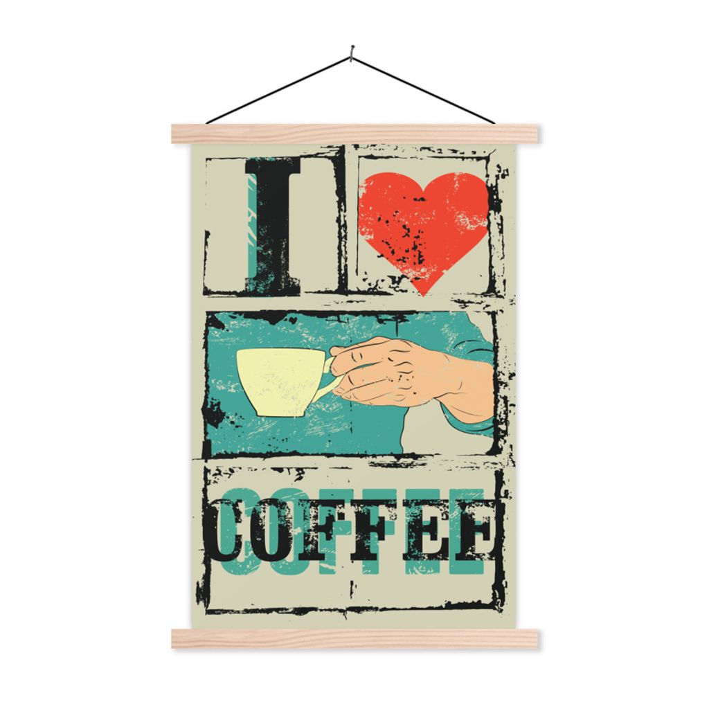 MuchoWow Textilposter Kaffee - Zitate - Vintage - Sprichwörter - Ich liebe Kaffee 120x180 cm mit holzfarbenen Rahmen - Textil-Plakat