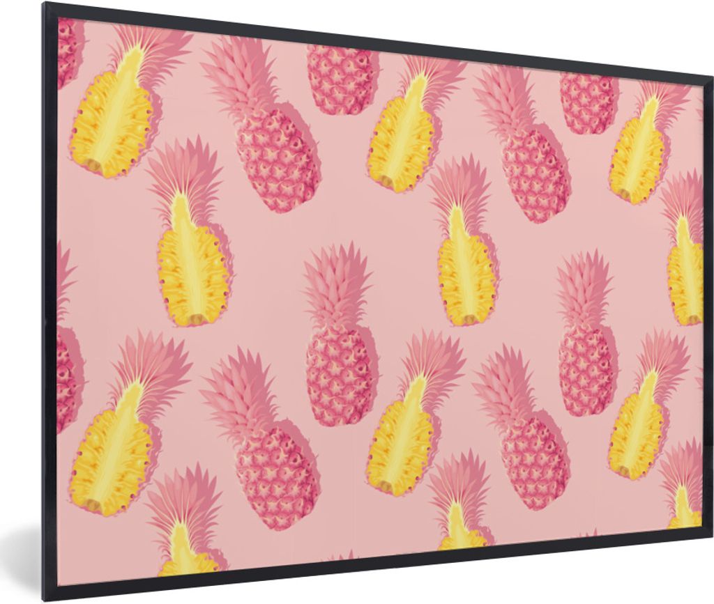 MuchoWow Gerahmtes Poster Sommer - Ananas - Gelb - Rosa 90x60 cm - Poster mit Schwarzem Bilderrahmen Wandposter Rahmen Foto Bilder - Fotorahmen -...