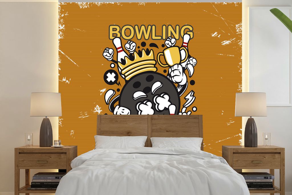 MuchoWow Fototapete für Wohnzimmer oder Schlafzimmer Wandtapete Vinyl Motivtapete Vintage - Bowling - König - 300x300 cm - Wanddekoration