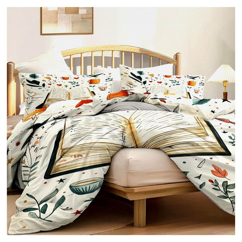 Bettwäsche 135x200 cm mit Kissenbezug 80x80 cm - Blumen und Blätter Wendebettwäsche - 2-teiliges Set mit Reißverschluss