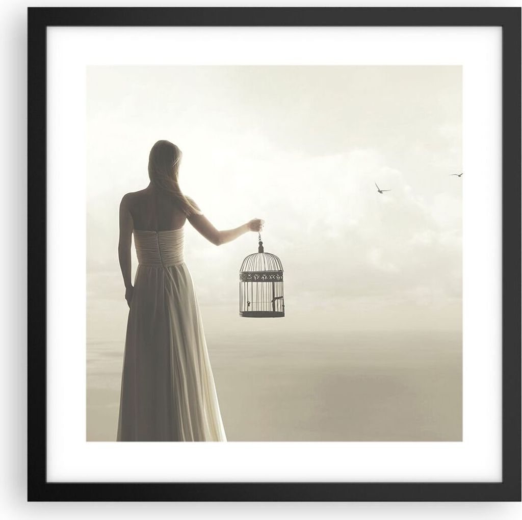 Gerahmtes Poster - Schwarzer Rahmen - Frau Käfig Vogel - 40x40 cm - Wand Bild - Wanddeko - Wandbilder - Kunstposter - Wandposter - Bilderrahmen - ...