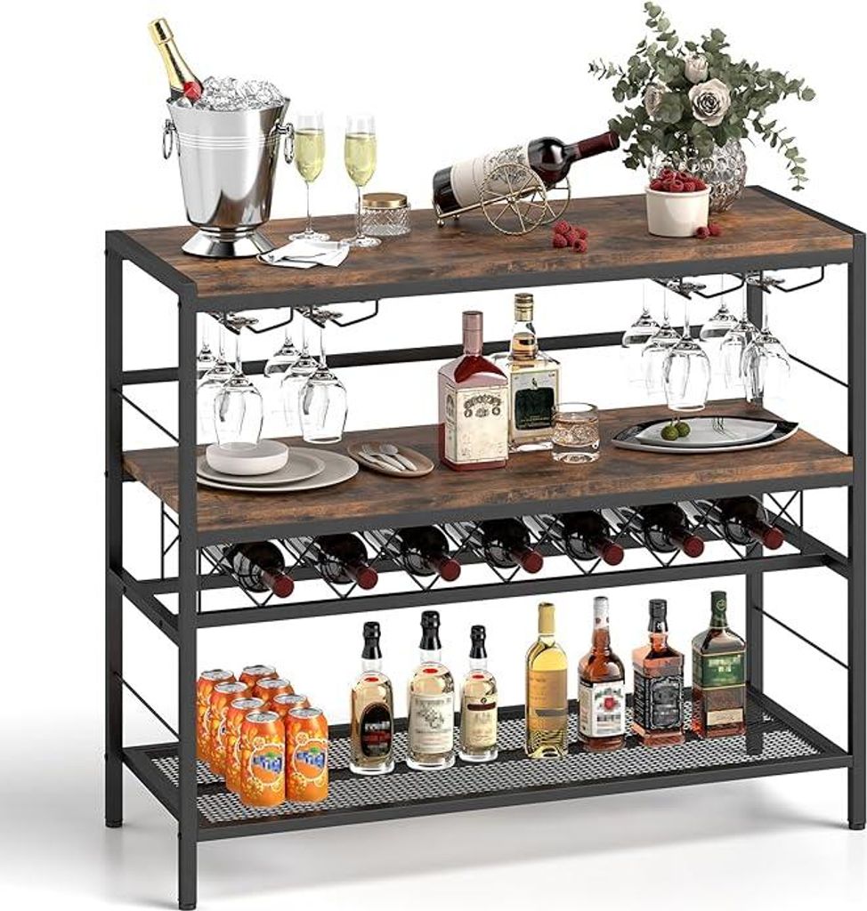 4-stöckiger Weinregaltisch, freistehender Flaschenregal mit Gläserhalter, Weinhalter & 3 offene Trennwände, Weinregal für 7 Flaschen & 16 Gläser