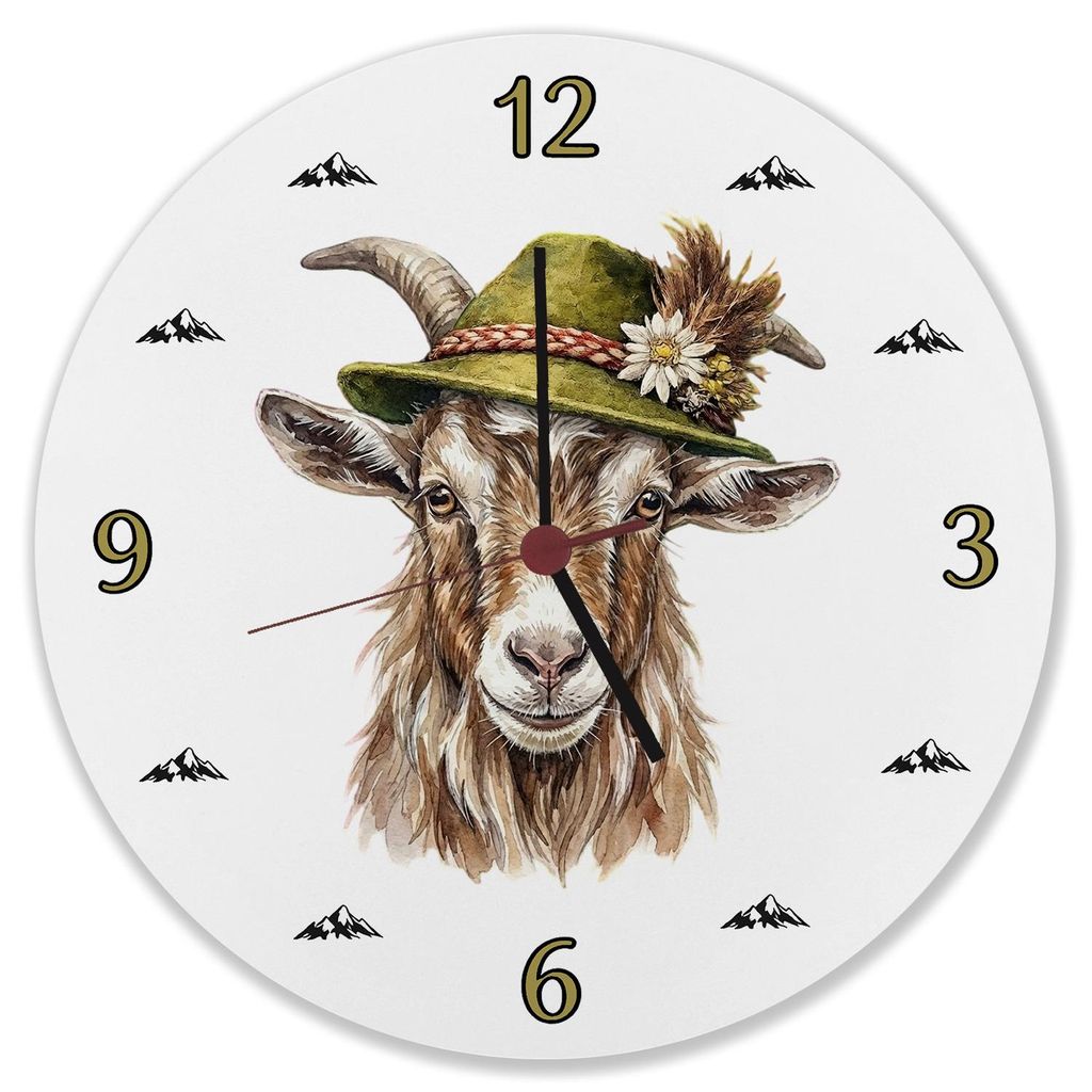 Ziege mit alpenländischem Trachtenhut Wanduhr aus MDF