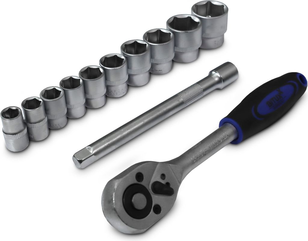 Bituxx 12 Teiliges Nussatz Sechskant mit 200mm Ratsche 3/8" und 150mm Verlängerung Steck Nüsse Stecknuss Werkzeug Set MS-19500