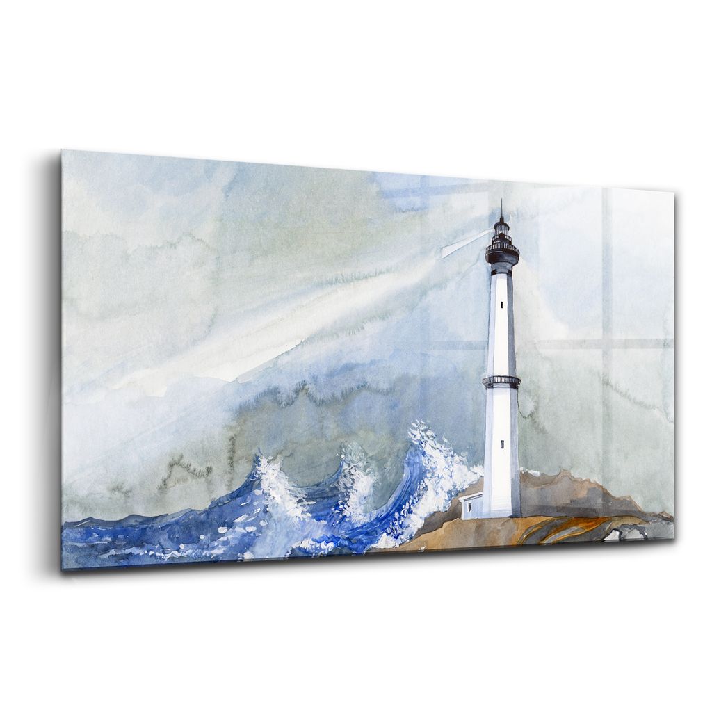 100x50 - Glasbilder - Bilder auf Wandbild - Foto auf Glas - Aquarell mit Spiegelung des Meeres und Leuchtturm
