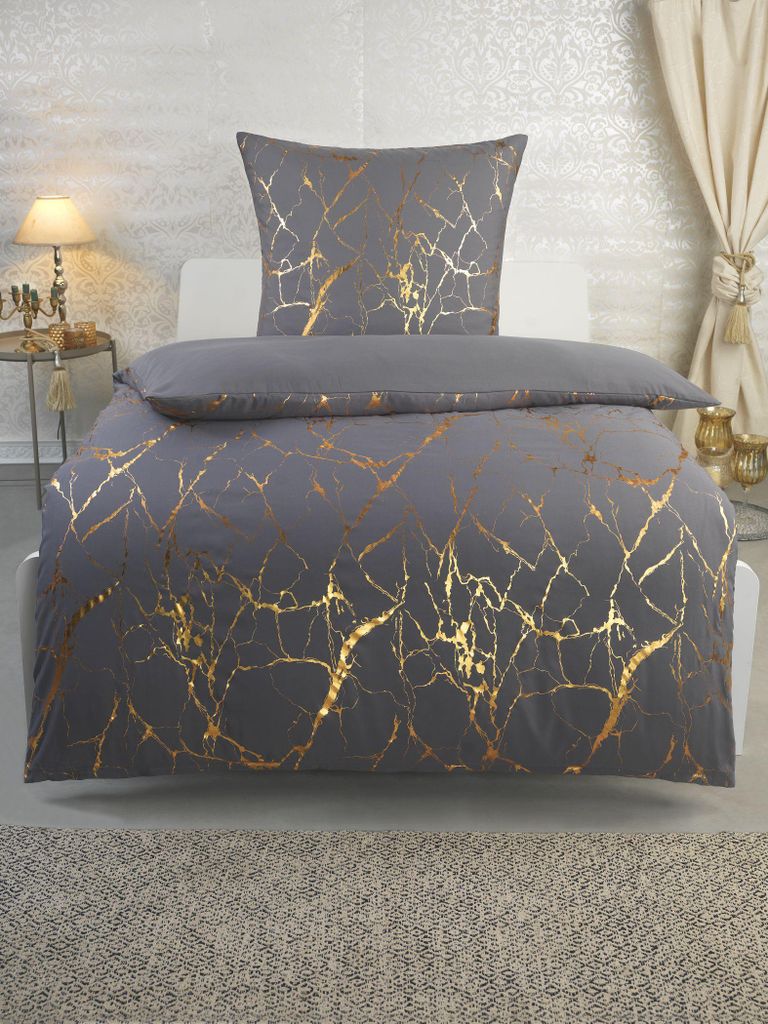 Mikrofaser Bettwäsche Metallic Effekt - Grau Gold - 135x200 Produktbild 