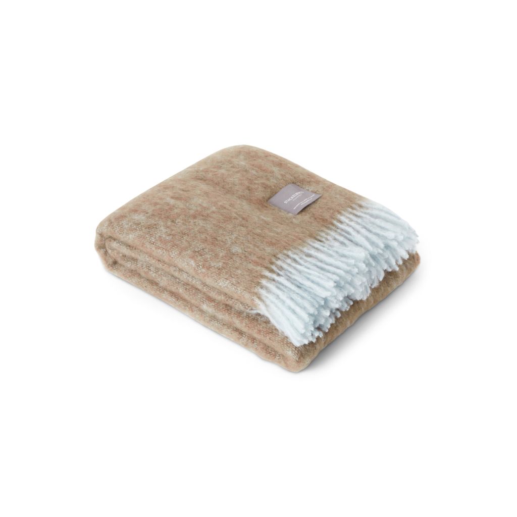 Stackelbergs Plaid-Mohair-Decke Mohair-Wolle Beige-Eisblau L 130 cm B 170 cm