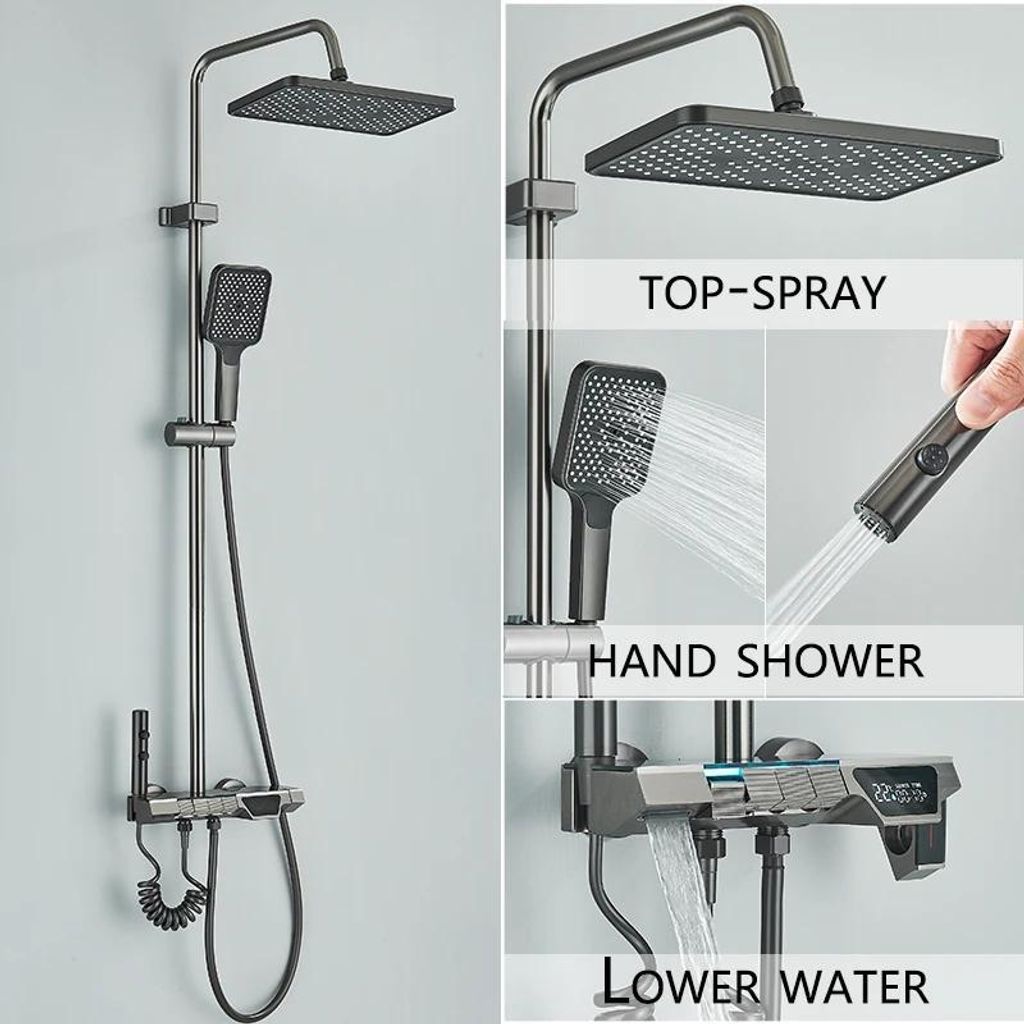Intelligente Duscharmatur mit LED-Display - Duschset mit Duschstange - Einhebel - Keramikkartusche - Edelstahl - Warm/Kalt - Weiß