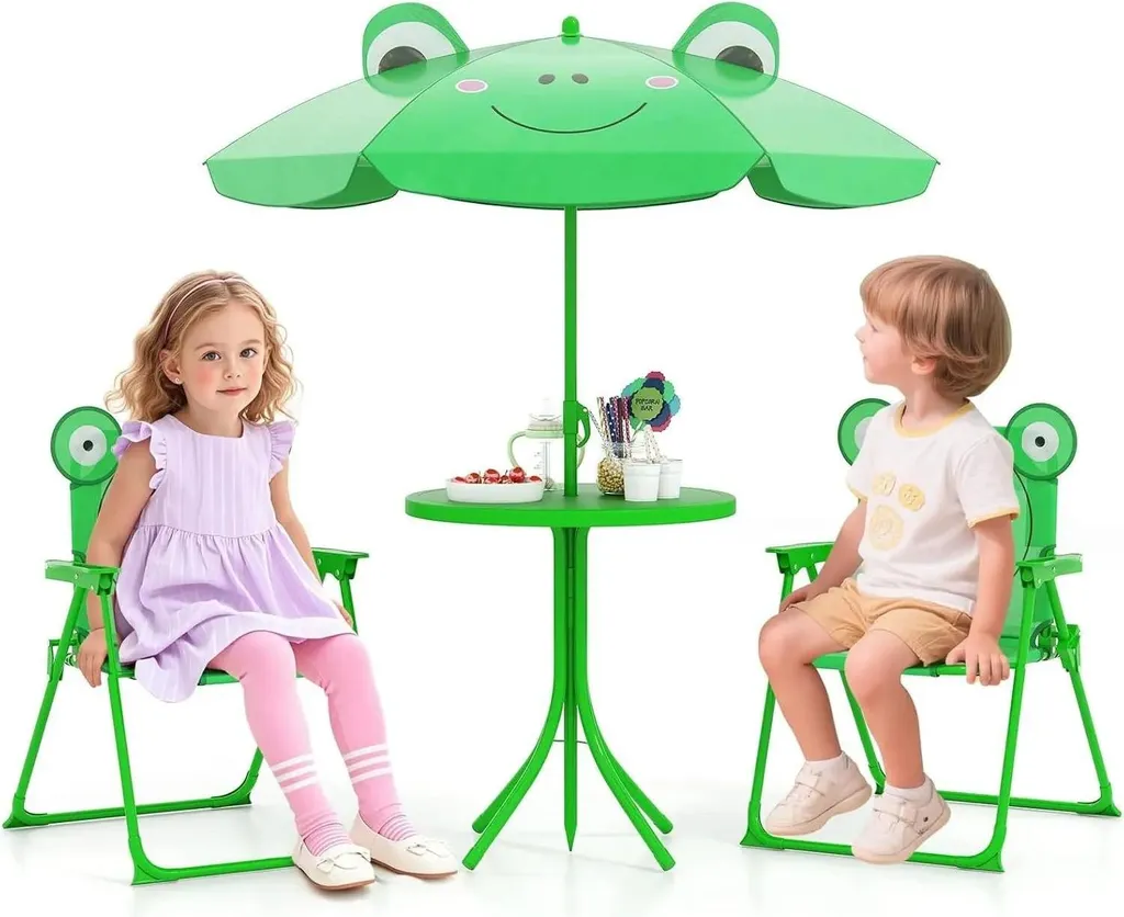 Mobilier de jardin enfant sécurisé avec parasol pour protéger du soleil