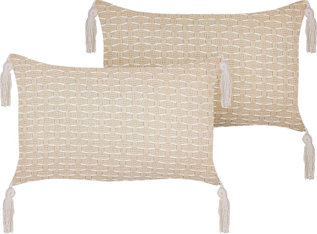 BELIANI 2er Set Streukissen Hellbeige 25 x 45 cm Wurfkissen mit geometrischen Mustern Fransen Abnehmbarer Bezug mit Füllung