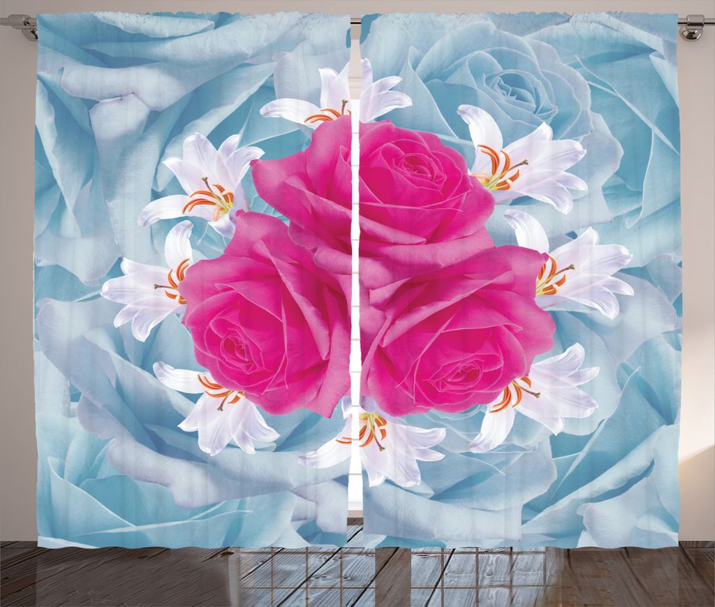 ABAKUHAUS Natur Rustikaler Gardine, Grafische Rosen und Lilien, Schlafzimmer Kräuselband Vorhang mit Schlaufen und Haken, 280 x 225 cm, Fuscia Blau