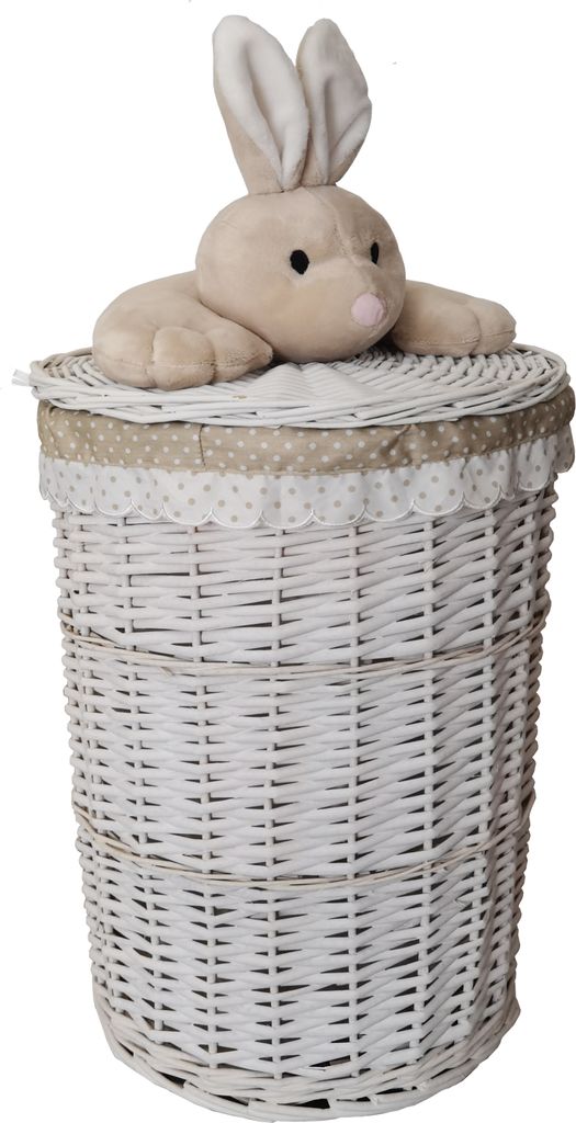 A white wicker laundry basket with a lid and a plush bunny toy on top.