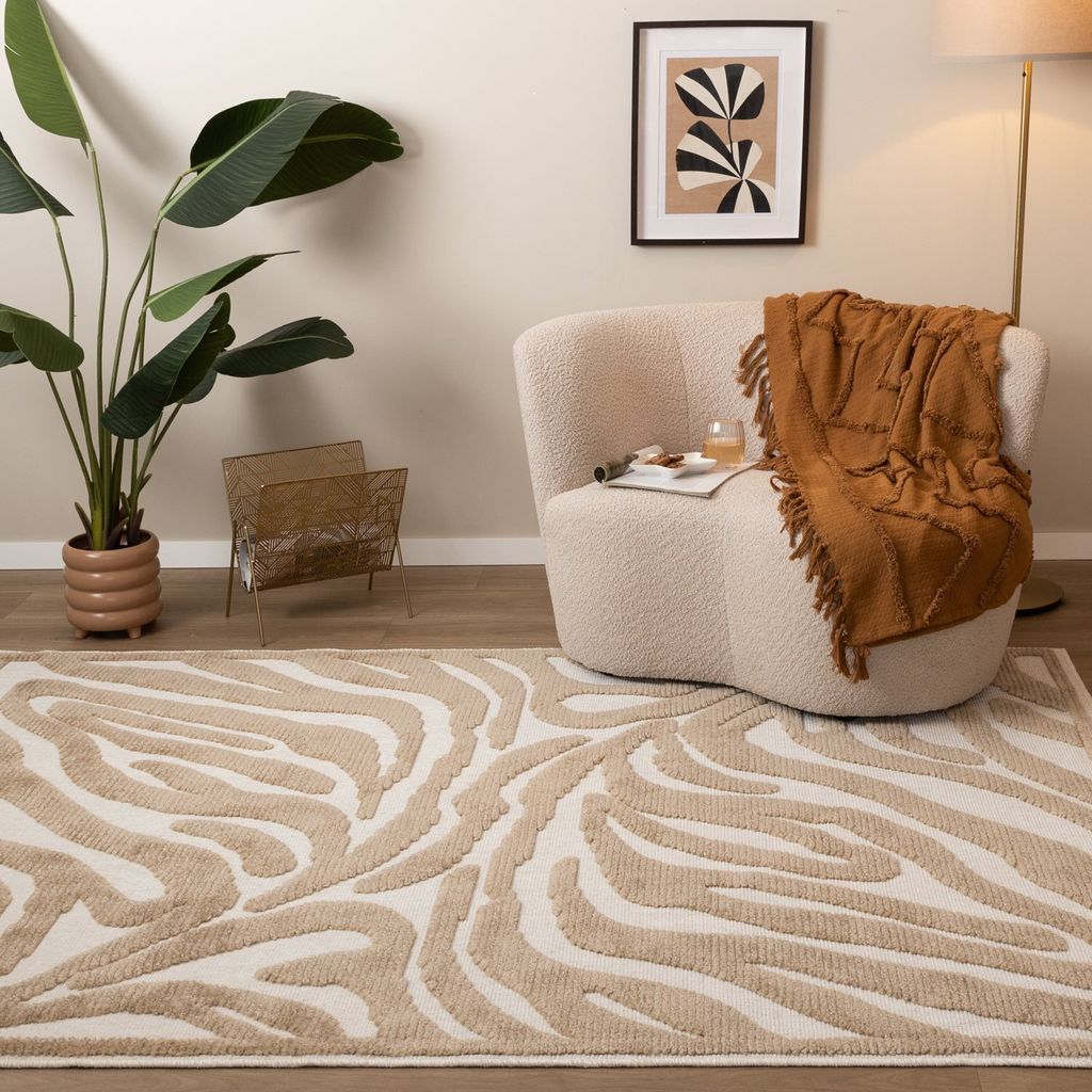 Volero - Waschbarer Teppich - Dunya Zebra Beige Weiß - 140x200 cm - Wohnzimmer, Esszimmer, Schlafzimmer - Klassik, Ländlich, Modern, Skandinavisch