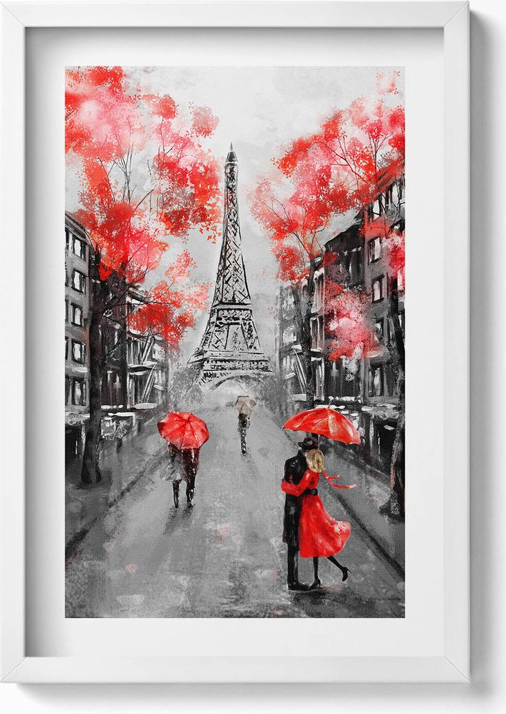 Paris - Eiffelturm und rote Regenschirme– Wandbild mit Rahmen – Gerahmtes Bild – Wanddekoration – 40x60 cm – Weiß