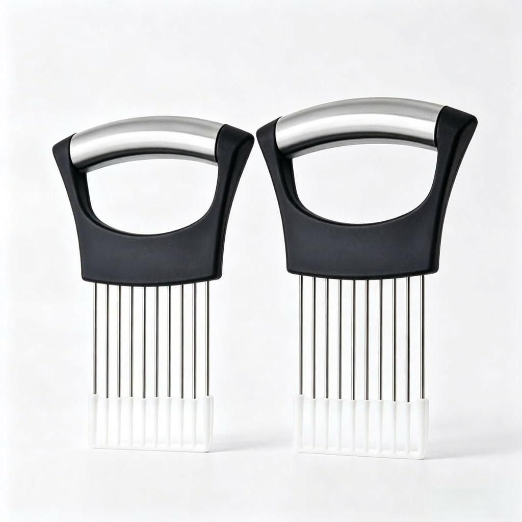 2 Stück Zwiebelhalter Edelstahl Schwarz, Profi Zwiebelschneider Schneidehilfe für Gemüse Obst Fleisch, Robuster Gemüsehobel Halter, Spülmaschi...
