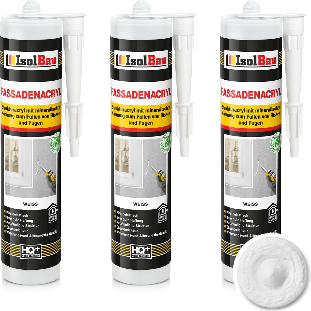 Isolbau Fassaden-Acryl - 3 x 300 ml Acryl-Dichtstoff mit Körnung zum Füllen von Rissen & Fugen im Innen- & Außenbereich - Weiß