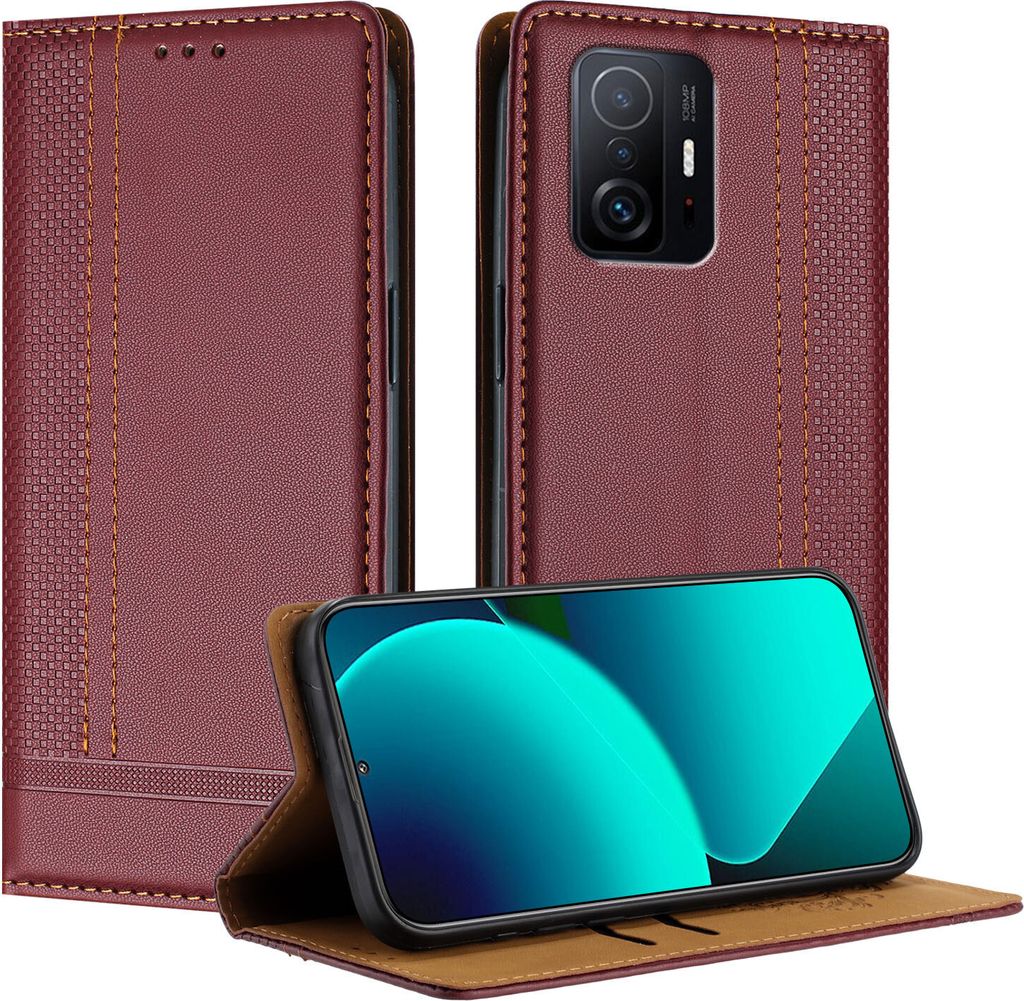Handyhülle für Xiaomi 11T / 11T Pro Leder Flip Klappbare Schutzhülle mit Standfunktion Dunkelrot