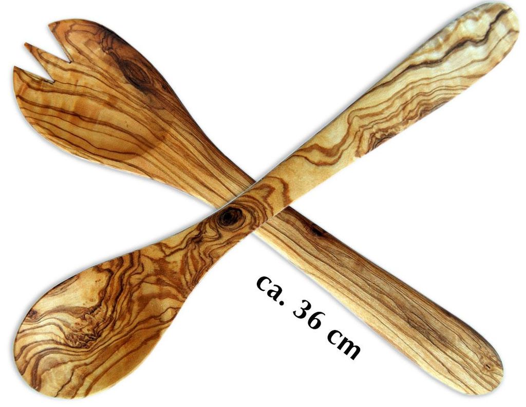A pair of olive wood salad servers, with text indicating their approximate size.