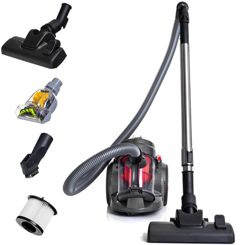 A collection of vacuum cleaner parts and accessories arranged around a central vacuum cleaner unit.