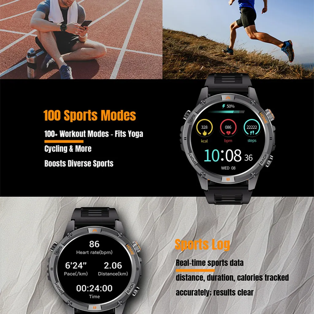 Montre GPS Extérieur pour Randonnée et Course avec Écran HD en Acier Noir