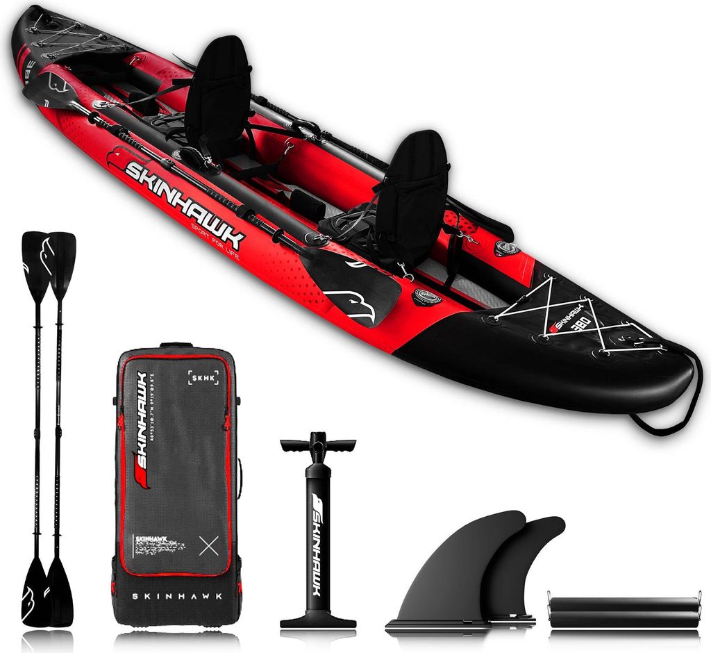 SKINHAWK 2ER EXCLUSIV KAJAK 380 CM x 96 CM ROT – Set mit Alu-Paddel
