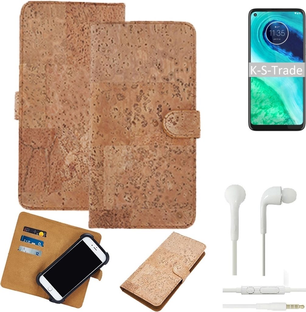K-S-Trade Hülle kompatibel mit Motorola G8 + in ear Kopfhörer Kork Handyhülle Cover Schutzhülle TPU Case Bumper in Hellbraun, (1x)
