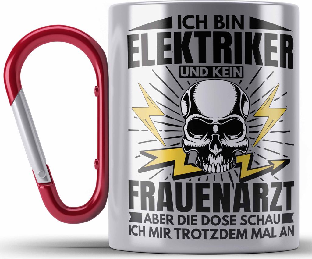 Trendation - Elektriker Edelstahl Tasse Karabiner Geschenk Elektromeister Lustiger Spruch Männer Geschenkidee Ich Bin Elektriker Kein Frauenarzt (...