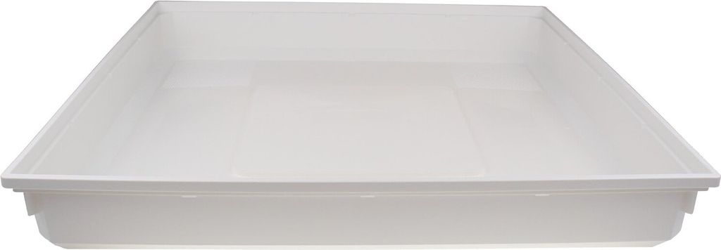 A white plastic drip tray or containment tray is shown from a slightly elevated angle against a white background.
