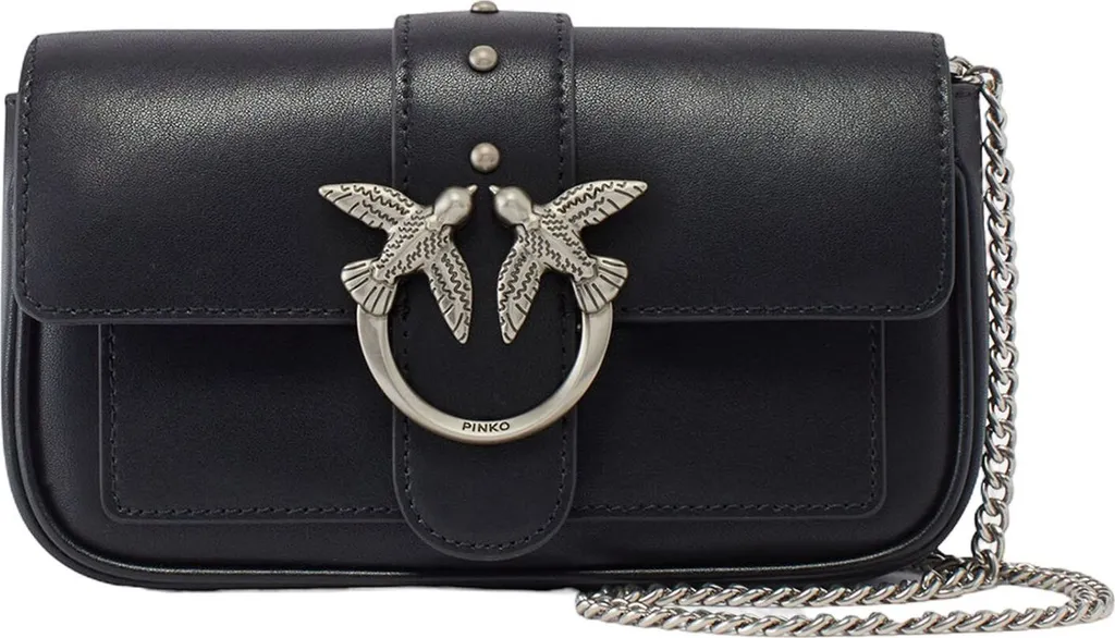 Pinko Love One Pocket Birds Black : Sac en Cuir Noir et Boucle Dorée