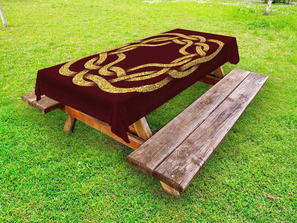 ABAKUHAUS Keltischer Knoten Tischdecke Outdoor, Braid Tribal Arabesque keltisches Knoten-achteckiges Symbol Illustrationen, Burgunder Senf, 145x305cm